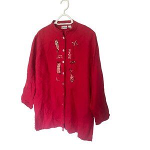 Chicos Linen Embroidered Red Button Up Shirt Size L